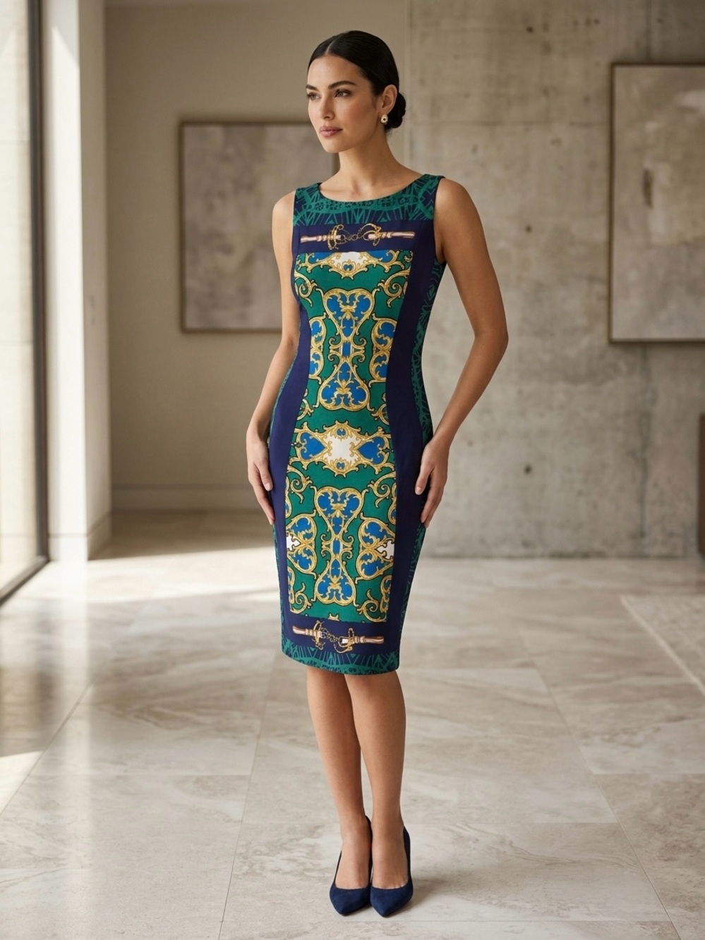Cache Navy, Green & Gold Baroque Midi Dress